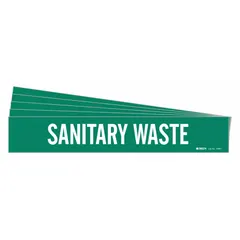 Green adhesive pipe marker with white legend text reading 'Sanitary Waste'. Fits pipe outer diameters from 2-1/2 to 7-7/8 inches. Includes one marker per pack, sold in a 5-pack. No arrows. Used for identifying sanitary waste piping in industrial and commercial facilities.