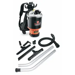 This corded backpack vacuum from HOOVER weighs 9.2 lb and operates at a 66 dB sound level. It features a 1-1/2 gal bag-style debris collection system and is suited for cleaning tasks in industrial environments such as factories, warehouses, and workshops.