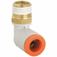 SMC Push-Fit Elbow Fitting: 5/16 in OD x 3/8 in Pipe Size, Push-to-Connect x BSPT, Brass, White (MPN KQ2L09-03AS)
