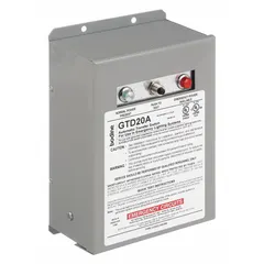 Generator transfer device for emergency ballasts and drivers, compatible with LED lighting. Automatically switches to generator power during outages. Operates at 120 to 277V AC with 45 mA input current. Housed in steel.