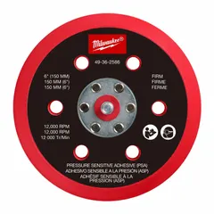 Round hard backing pad for power sanders, 6 in diameter, made of polyurethane. Features pressure-sensitive adhesive (PSA) attachment and six vacuum holes for dust collection. Designed for use with the MILWAUKEE 2585-20 sander.