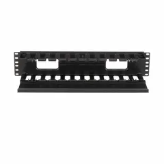 This 2U horizontal finger-style cable manager is constructed of black plastic and includes dual-hinging covers. Designed for single-side cable routing, it organizes and routes cables in network racks and enclosures. Overall depth is 3 3/4 inches.