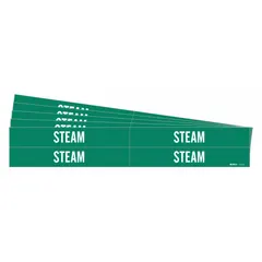 Green adhesive pipe markers with white legend text reading 'Steam', designed for pipes with outer diameters from 3/4 to 2-3/8 inches. Each pack contains 4 markers without directional arrows, sold in a 5-pack. Used to identify steam pipes in industrial facilities for safety and compliance.