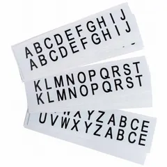 This 25-pack character set includes Gothic-font letters A to Z in black on a white background. Designed for indoor/outdoor use, the non-reflective labels are suitable for permanent identification of equipment, panels, bins, and pipes in industrial facilities.