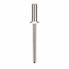Flush-mount blind rivet for permanent fastening where access is limited to one side. Aluminum construction with 0.124" diameter, 1 1/2" overall length, and 13/32" body length. Supplied in a 500-pack. Suitable for sheet metal assembly and general fabrication requiring a smooth finish.