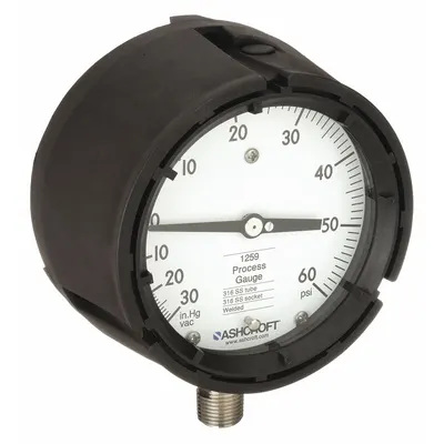 ASHCROFT Process Compound Gauge: 0 psi to 60 psi, White, 4 1/2 in Dial, 1/2 in NPT Male - All-Stainless Steel Wetted Parts & Casing