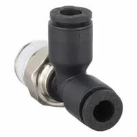 This tube fitting is a tee configuration with Tube x Tube x MNPT connections, designed for 5/32 in OD tubing and 1/8 in pipe size. Constructed from nylon and nickel-plated brass, it is suitable for use in pneumatic or fluid systems requiring push-to-connect installation. Sold in a pack of 10