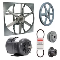 Unassembled belt-drive panel exhaust fan with a 36-inch blade, 3/4 hp motor, and 14,345 cfm airflow. Features a 3-phase, 208-230/460V AC totally enclosed nonventilated motor with Class B insulation and single speed. Zinc-plated steel frame with cast construction. Without intake guards. Used for high-volume exhaust in industrial and commercial ventilation applications.