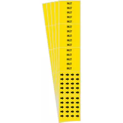 Yellow background with black legend text reading 'Inlet' and directional arrows. Each pack contains 5 markers, with 3 pipe markers per pack. Designed for pipes with outer diameter of 3/4 inch and smaller. Used to identify inlet piping in industrial process lines.