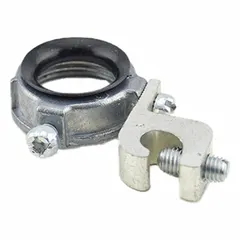 Grounding bushing for electrical conduit systems, providing insulation and mechanical protection where conduit enters a box or enclosure. Constructed of zinc with an unfinished surface. Insulated design helps prevent damage to conductor insulation and maintains grounding continuity. Trade size 3/4 inch.