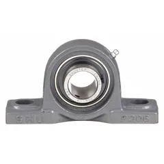 This bearing kit includes a cast-iron pillow block ball bearing with a painted finish and a 1 1/8 in bore diameter. It comes with locking set screws and a bearing support. Typical applications include supporting rotating shafts in blowers, air-handling units, and other industrial machinery.