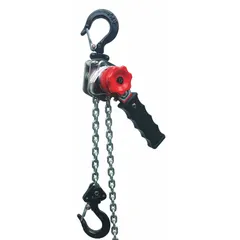 This lever chain hoist is hook-mounted without a trolley, designed for vertical operation. It has a steel body, a lifting capacity of 550 lb, and a lift length of 10 ft. Overload protection is not included. Typical applications include lifting, pulling, and positioning loads in industrial maintenance, construction, and manufacturing settings.
