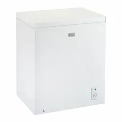 This chest freezer offers 5 cu ft of cold storage capacity for frozen foods. With dimensions of 33 1/2 in x 24 7/8 in x 21 3/4 in, it is suited for use in homes, garages, or small commercial spaces as a supplemental freezing unit.