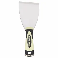 This standard scraper features a full carbon steel blade with a stiff, bent shape for aggressive scraping tasks. The straight handle is made of polypropylene/TPE and includes a hammer end for light striking. Suitable for removing paint, adhesive, and other buildup from flat surfaces in construction and maintenance applications.