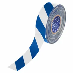 This extra-durable floor marking tape features a blue/white striped pattern for marking aisles, hazards, and storage zones in industrial facilities. It has a 22 mil thick polyester backing (Series B-553) for high-traffic areas. Tape dimensions are 2 inches wide by 100 feet long.