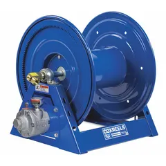 Air motorized hose reel with Gast 4AM air motor for automatic retraction. Brass swivel and construction. Holds 100 ft of 1/2 in I.D. hose. Overall dimensions: 17-5/8 in L x 17 in W x 17 in H. Used in industrial settings for efficient hose management.
