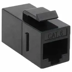 RJ45 inline coupler for joining two solid, round Category 6 cables. Black housing supports solid wire configurations. Used to extend network runs in structured cabling systems.