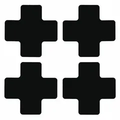 Cross-shaped floor marking tape with solid black color and no legend. Each piece measures 2 in x 5 in with an 8 mil thick polyester backing. Supplied in a 20-pack. Used to designate locations such as fire extinguisher spots, safety equipment zones, or pedestrian walkways in industrial environments.