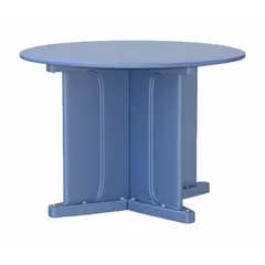 Polyethylene round table with X-base design, 42-inch diameter, in Midnight Blue. No game top surface. Ballast accepted for added stability. Suitable for outdoor dining or casual seating in commercial settings.