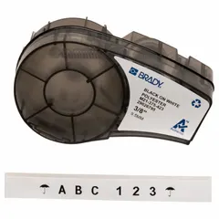 This combined label and ribbon cartridge provides a 3/8 in x 21 ft continuous roll of white gloss polyester labels for thermal transfer printing. The halogen-free material is suitable for indoor and outdoor use. Compatible with the M210-LAB printer series. Typical applications include asset identification, cable marking, and general signage.