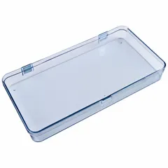This single-compartment box is made of clear plastic for visible storage of small parts such as hardware, craft supplies, or electronic components. The compartment measures 11-15/16 in x 5-15/16 in x 1-7/16 in. It is not electrostatic discharge conductive and is not intended for static-sensitive environments.