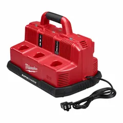Rapid charger for 12V DC and 18V DC batteries. Charges 5 Ah packs in 1 hour. Features three 12V charging ports. Operates on 120V AC input.