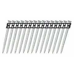 Collated concrete nails designed for use with power fastening tools. Each nail features a flat, smooth shank and diamond point for secure fastening into concrete, masonry, and block. Supplied in a 500-count pack.
