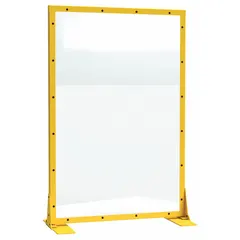 Freestanding single-panel room divider with a transparent yellow polycarbonate panel and a steel frame finished in baked enamel. Overall height 72 in, width 48 in. Suitable for creating temporary visual separation in industrial, commercial, or office environments.