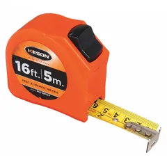 KESON tape measure with a 16 ft / 5 m blade featuring 1/8 in and millimeter graduations. The high-visibility orange plastic case includes Metric/SAE markings. Equipped with a manual lock, finger brake, and a nonmagnetic single hook tip. Suitable for general measuring tasks in construction, HVAC, and electrical work.