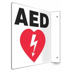 This L-shape projection AED sign is made of PETG material with a nominal size of 8 inches by 8 inches. It features mounting holes for wall or equipment installation and is not retroreflective. Suitable for marking automated external defibrillator locations in industrial and commercial facilities.