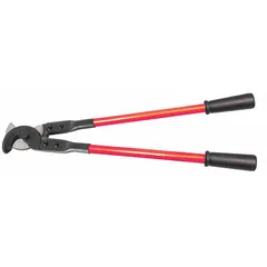 Shear-type cable cutter with fiberglass handles, designed for cutting aluminum electric cable up to 750 kcmil maximum diameter. Used in electrical installations for preparing heavy-gauge aluminum conductors.