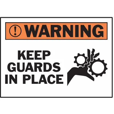 BRADY Warning: Keep Guards In Place Signs, 3 1/2 in x 5 in, Adhesive, 5 PK