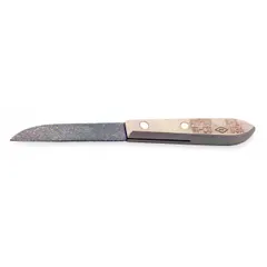 Non-sparking knife with a 3-1/4 in straight blade made of copper nickel and a wood handle, overall length 6-3/4 in. Designed for cutting, trimming, or scraping in environments where sparks from steel tools could ignite flammable gases, vapors, or dust.