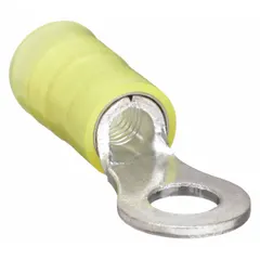 Yellow nylon-insulated ring terminal for #10 stud size, accepting 12 AWG to 10 AWG wire with a 600 V rating. Used to create secure, insulated connections in electrical panels, machinery, and power distribution systems.