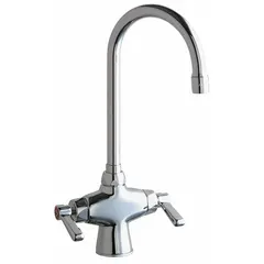 Single-post deck-mount bar sink faucet constructed of cast brass. Features a gooseneck spout and a flow rate of 1.5 gpm. Suitable for commercial bar and kitchen sink installations where clearance for filling pots or washing glassware is required.