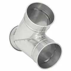 Stainless steel wye branch fitting for 8-inch diameter ducts with a 60° branch angle and 15 1/2-inch overall length. Used in industrial ducting systems to split or merge material flow, commonly applied in dust collection, pneumatic conveying, and ventilation systems.