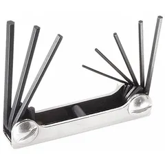 This folding hex key set contains 5 SAE standard short-end keys in a compact folding holder. The black oxide finish provides corrosion resistance. Suitable for turning hex socket screws in confined spaces and portable tool kits.