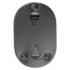 Black leather badge holder sized 2-1/2 x 3-3/4 inches. Designed to securely display ID badges or access cards in professional environments such as corporate offices, industrial facilities, and security checkpoints.