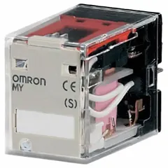 Socket-mounted relay from the OMRON MY Series with 4PDT contact arrangement. Operates on 110/120V AC and rated 0.80 A at 240V AC. Features a square base with 14 plug-in terminals and G socket connection. Suitable for general-purpose switching and control in industrial automation and panel-building applications.