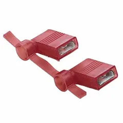 Nylon fully insulated flag disconnect for 22 AWG to 18 AWG wire sizes. Red color with full coverage insulation for vibration-resistant connections. Used for quick wire termination in control panels, industrial machinery, and electrical distribution systems.