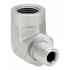 Steel pipe elbow with 3/8 in male NPT thread and 1/2 in female NPT thread. Rated for maximum operating pressure of 3,000 psi. Used in hydraulic, pneumatic, and industrial fluid systems requiring threaded connections.
