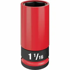 This MILWAUKEE non-marring drive socket is a 1/2 in drive, SAE, 1-1/16 in, 6-point, deep socket. It is designed for removing and installing lug nuts on vehicles, with a non-marring construction that protects alloy rims from scratches. The black phosphate finish provides corrosion resistance.