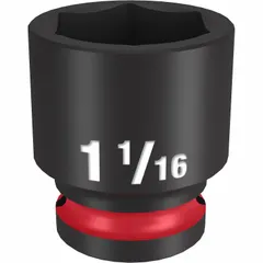 This MILWAUKEE impact socket features a 1/2" drive size and a 1-1/16" SAE hex socket size with a 6-point design. The black phosphate finish provides corrosion resistance. It is used with impact wrenches for fastening and loosening tasks on hex fasteners in automotive, construction, and industrial applications.