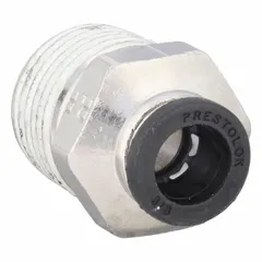 This PARKER fitting is a nickel-plated brass push-to-connect x male NPTF adapter for 3/8 in OD tube to 1/2 in pipe. It enables tool-free installation in pneumatic or fluid systems. The silver finish resists corrosion.