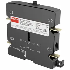 Side-mounted auxiliary contact block for use with contactors and relays in industrial control panels. Provides one normally open and one normally closed circuit for status feedback or interlocking. Rated for 10 A maximum AC current.