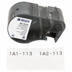 Continuous vinyl label roll cartridge for M511 printer series. White matte finish, 1 1/2 in x 25 ft, designed for wire gauges 10 AWG to 4 AWG. Requires R4300 ribbon. Used for cable marking, panel wiring, and maintenance tagging.