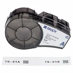 White gloss outdoor vinyl label cartridge with removable and repositionable adhesive. Measures 3/4 in x 21 ft. Designed for use with Brady M210 printer series. Suitable for temporary asset marking, cable labeling, and safety signage in industrial environments.