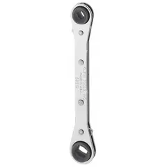 This SAE 4-in-1 ratcheting box end wrench features four head sizes: 1/4 in, 3/8 in, 3/16 in, and 5/16 in. The 4-point design grips four sides of a fastener to reduce rounding. With an overall length of 5 1/2 in, it is suitable for tightening or loosening fasteners in confined spaces. The chrome finish provides corrosion resistance.