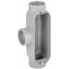 T-type conduit outlet body with threaded hubs for use with rigid metal conduit (RMC). Provides a junction point for pulling, splicing, or routing conductors in electrical conduit systems. Body capacity of 30.8 cubic inches. Powder coated aluminum construction.
