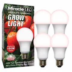 This A19-shaped LED grow bulb operates on 120V and provides a full/broad spectrum suitable for fruiting plant growth stages. With a 150W incandescent watt equivalency, it is commonly used in indoor gardens, greenhouses, and hydroponic setups to support flowering and fruit development.